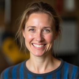 Portræt af Sofie Jensen, en kvinde i 30'erne, der smiler i et værksted.