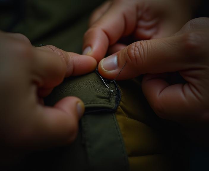 Nærbillede af hænder, der reparerer en syning på en rygsæk.